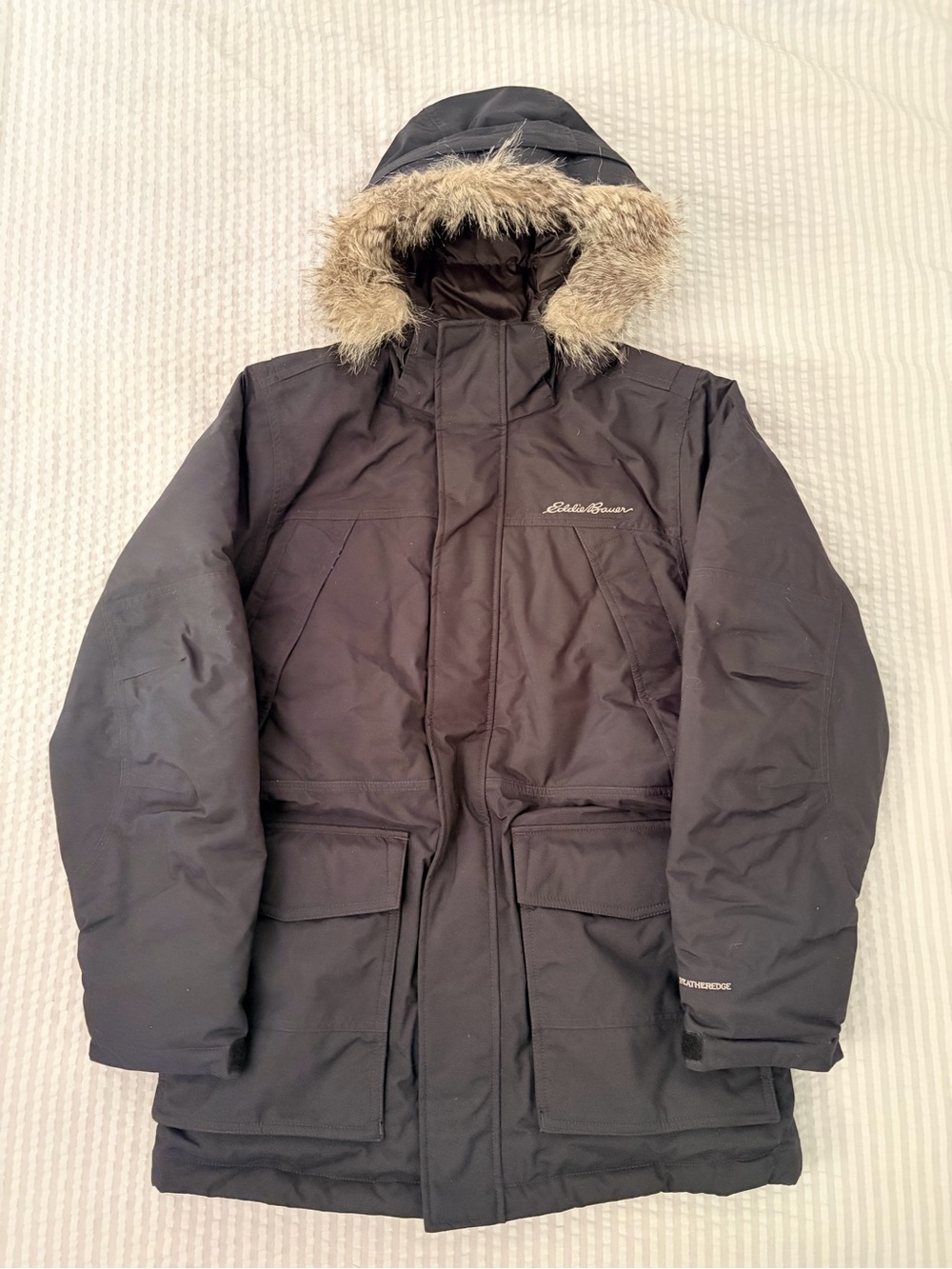 Eddie Bauer Men's Dark Navy Superior Down Parka with Faux-Fur Trim